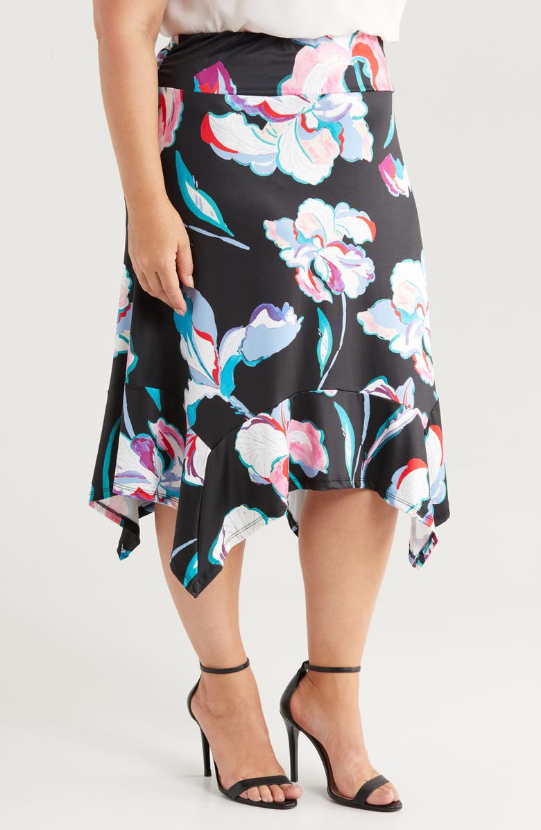 24seven Comfort Apparel Floral Elastic Waist Handkerchief Hem Stretch Skirt, Alternate, color, 