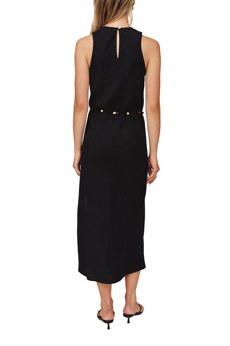 Beaded Tie Belt Bias Cut Linen Blend Midi Dress, Alternate, color, BLACK
