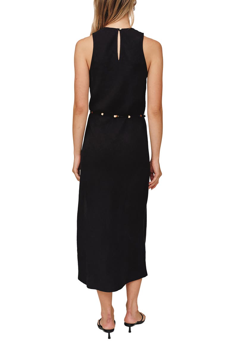 Bella Dahl Beaded Tie Belt Bias Cut Linen Blend Midi Dress, Alternate, color, Black