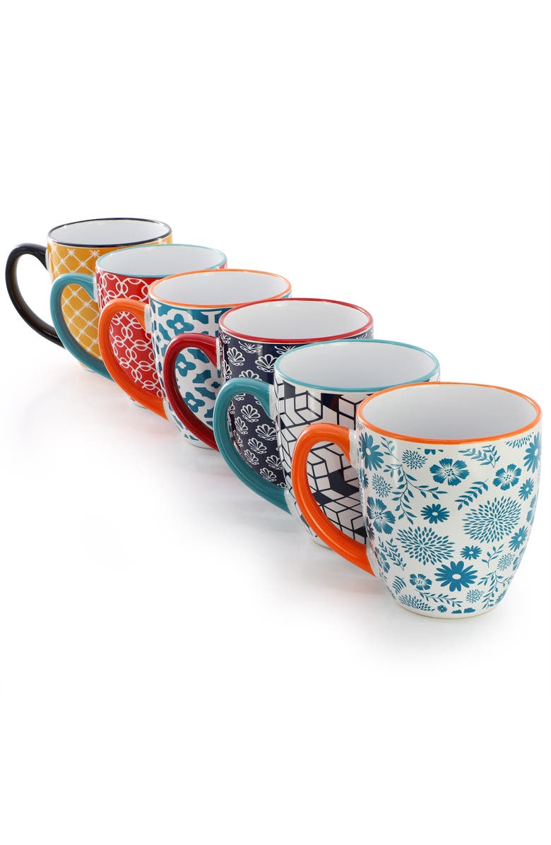 Elama Rory 6 Piece 16 Ounce Assorted Design Stoneware Mug Set, Alternate, color, Assorted