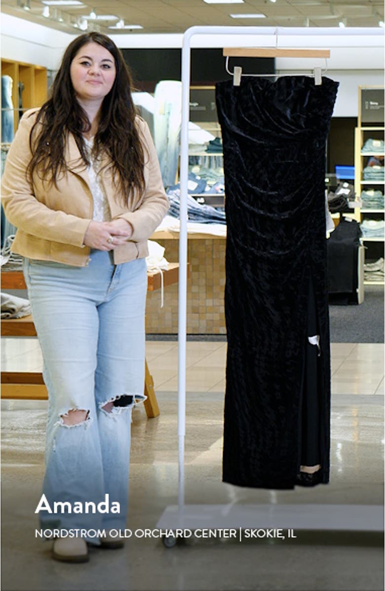 Jasmine Strapless Burnout Velvet Sheath Gown, sales video thumbnail