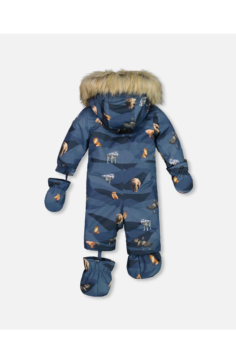 Deux par Deux Baby Boy's One Piece Baby Snowsuit Navy Printed Mountains Animals Designed For Car Seat, Alternate, color, 