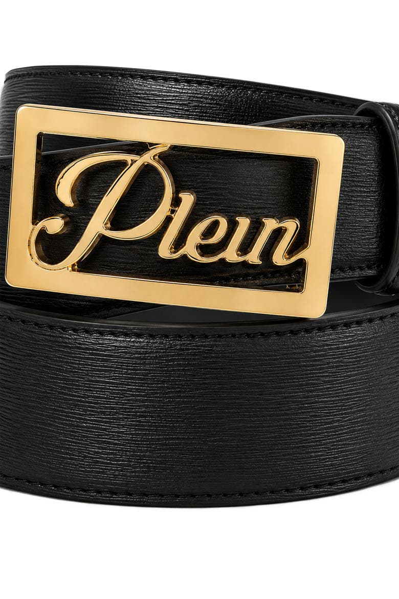 Plein Signature Log Leather Belt Men, Alternate, color, black/lightgold