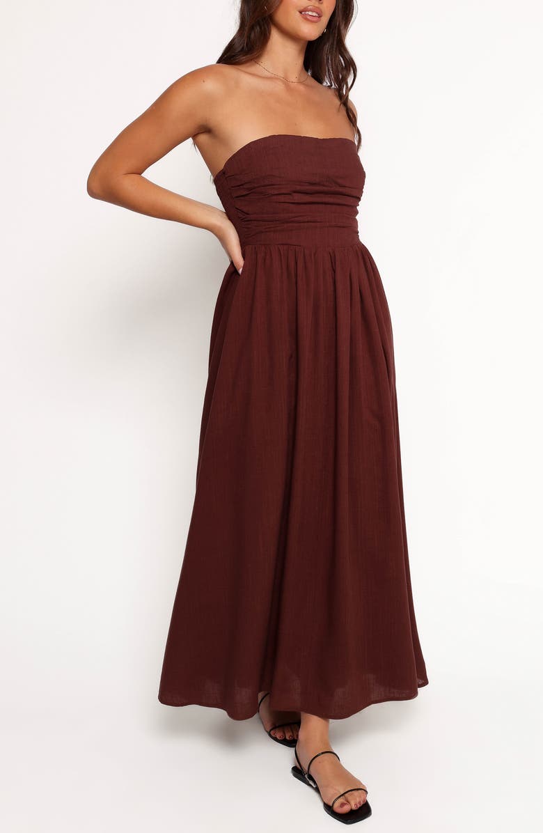 Petal & Pup Kayt Strapless Linen Blend Maxi Sundress, Alternate, color, Chocolate Brown