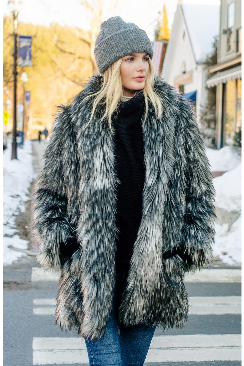 Shawl Collar Faux Fur Coat, Alternate, color, SMOKEY