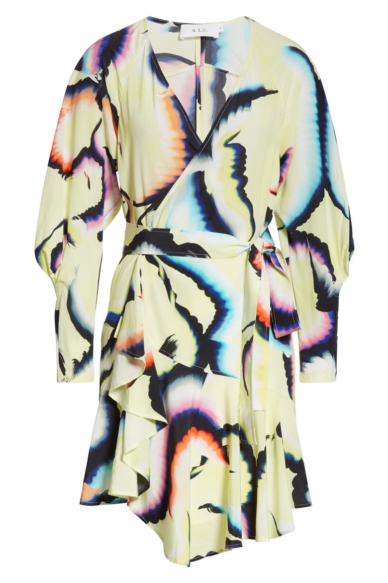 Enzo Long Sleeve Stretch Silk Wrap Dress, Alternate, color, YELLOW MULTI