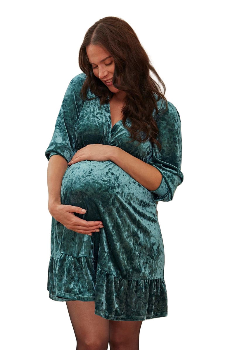 MOTHERHOOD MATERNITY V-Neck Ruffle Hem Babydoll Maternity Dress, Alternate, color, Rain Forest