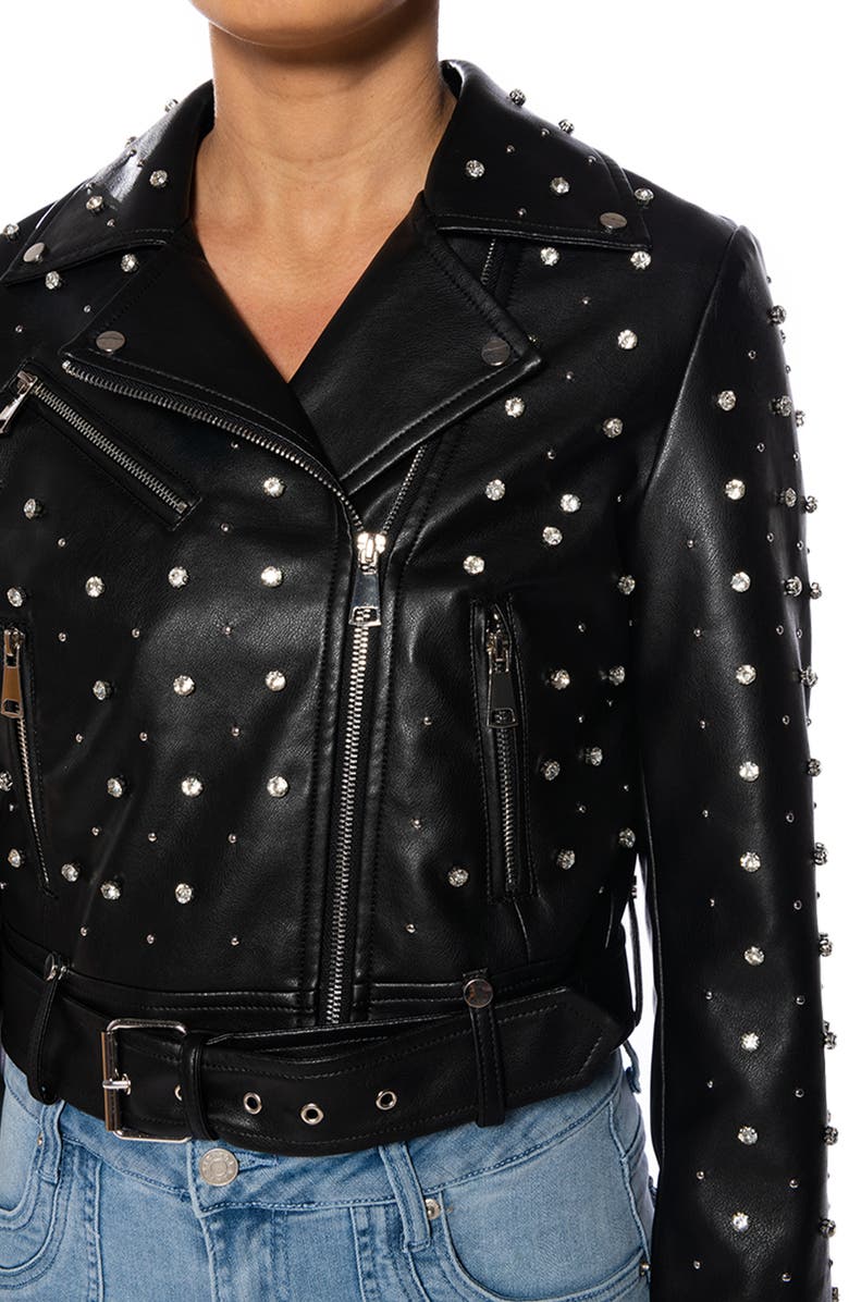 AZALEA WANG Rhinestone Faux Leather Moto Jacket, Alternate, color,