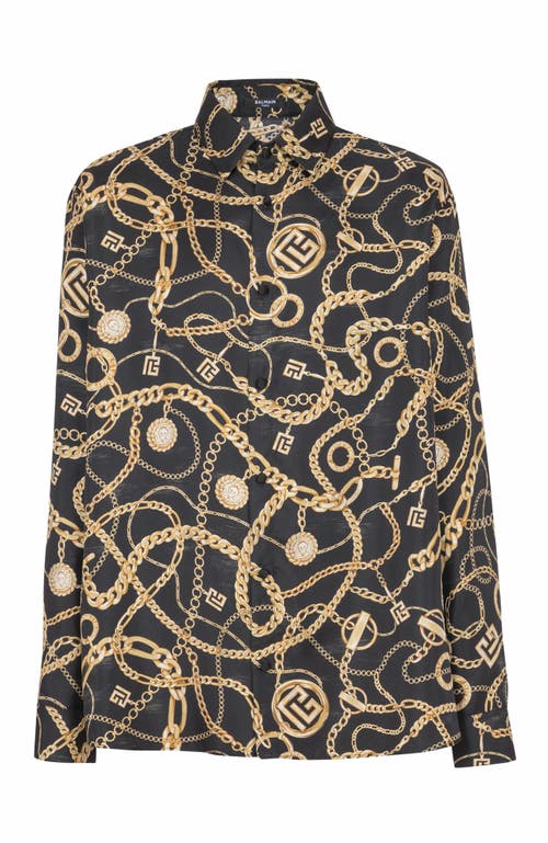 Balmain Black Shirt With Pointed Collar And Chain Print With Logo In Silk Man In Black