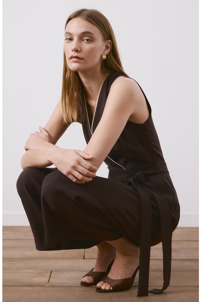 Contrast Piping Faux Wrap Jumpsuit, Alternate, color, CHOCOLATE
