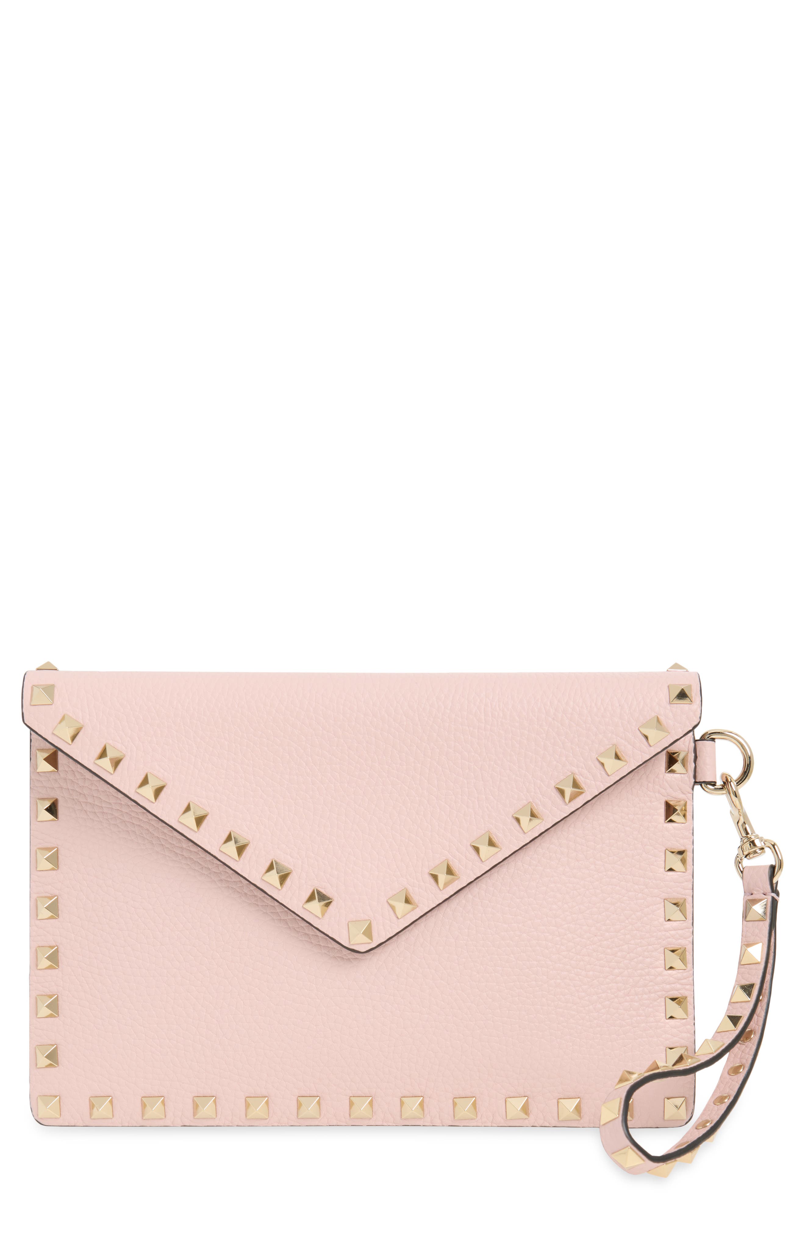 Medium Rockstud Leather Clutch, Main, color, ROSE QUARTZ