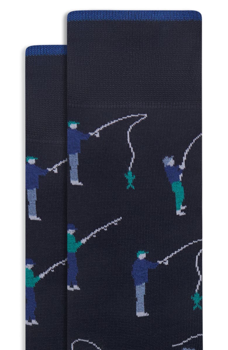 Bugatchi Fisherman Mercerized Cotton Blend Dress Socks, Alternate, color, Navy