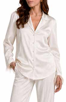 Laine Feather Trim Satin Button-Up Top