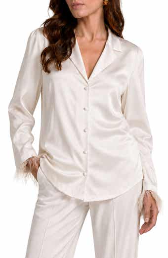 Laine Feather Trim Satin Button-Up Top