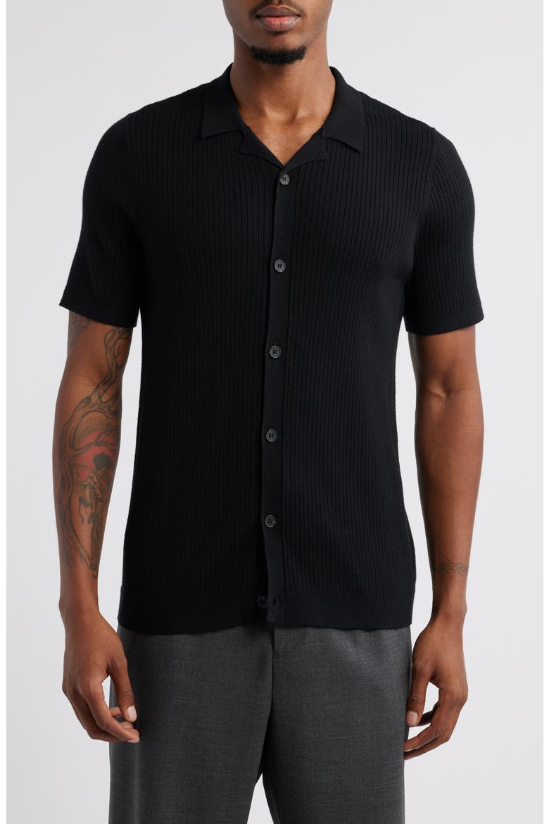 Ribbed Short Sleeve Camp Collar Cardigan, Main, color, BLACK