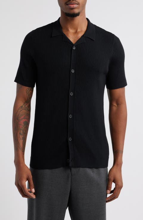 Ribbed Short Sleeve Camp Collar Cardigan