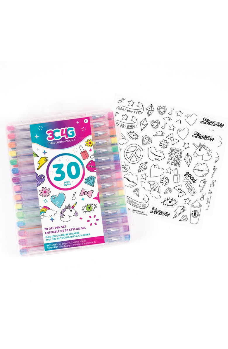 Three Cheers For Girls 30 Piece Gel Pen Set W/ 100 Colorin Stickers, Alternate, color, Multicolored