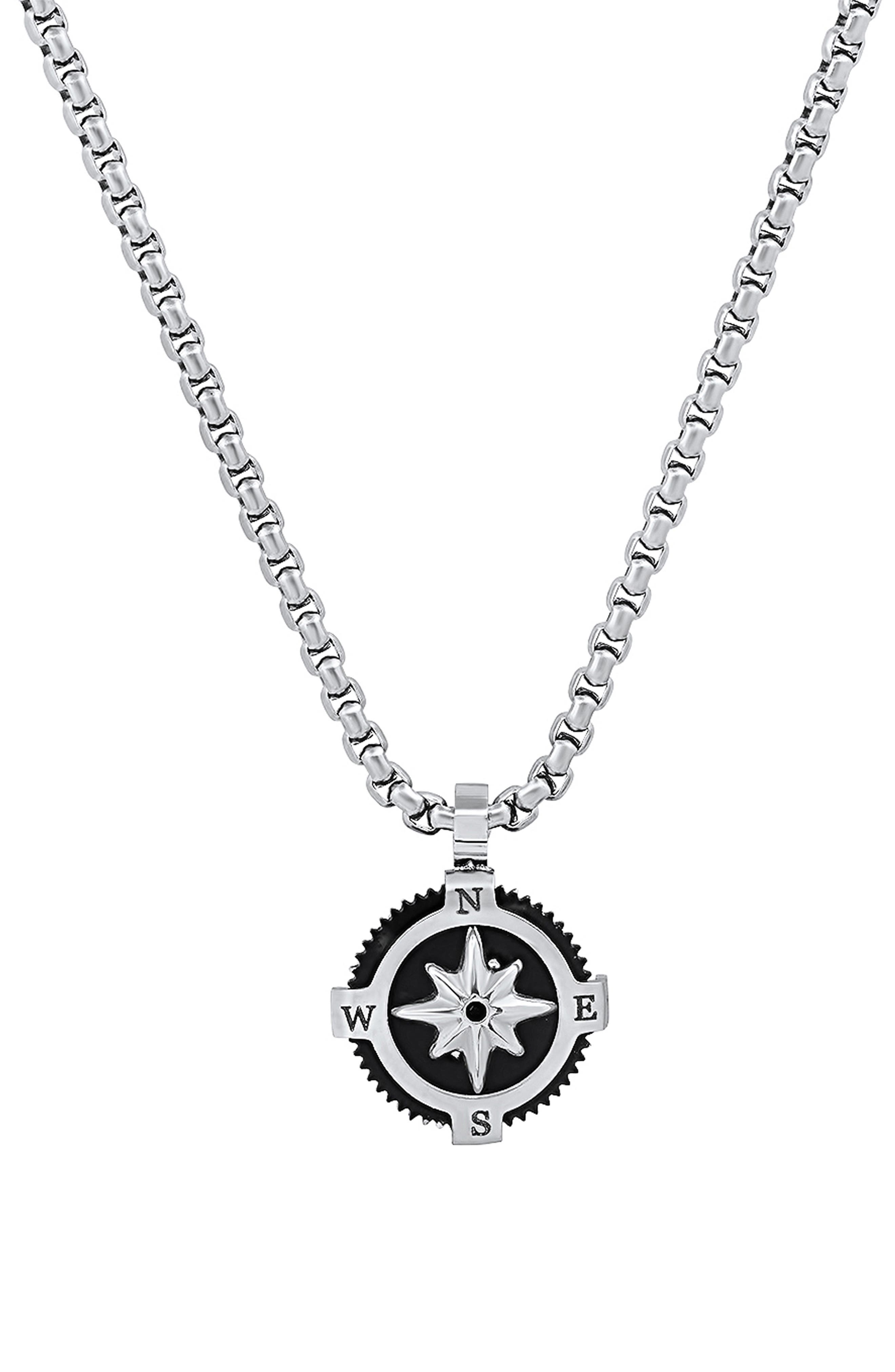 Men's Black Enamel Compass Pendant Necklace