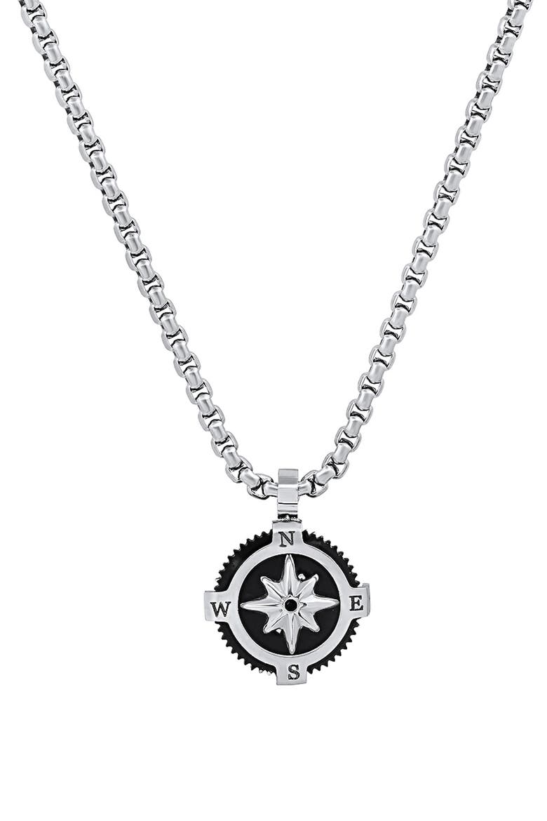 Men's Black Enamel Compass Pendant Necklace, Main, color, SILVER/ BLACK