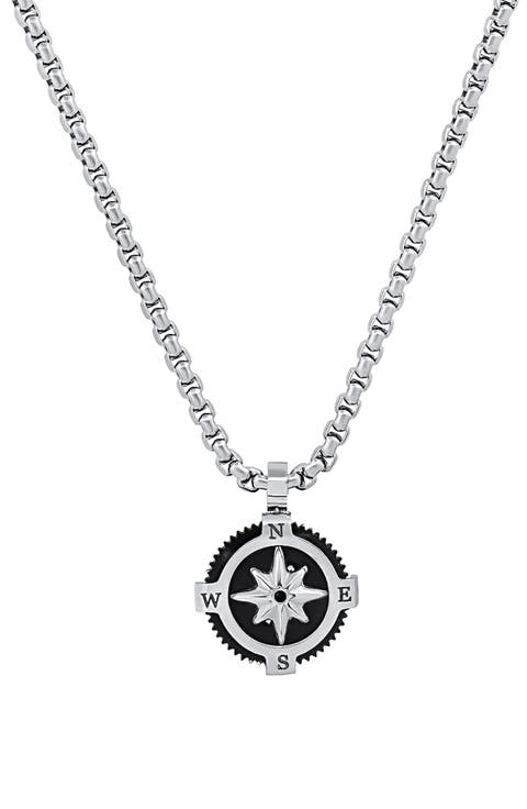Men's Black Enamel Compass Pendant Necklace