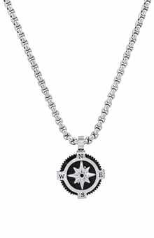 Men's Black Enamel Compass Pendant Necklace