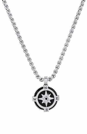 Men's Black Enamel Compass Pendant Necklace
