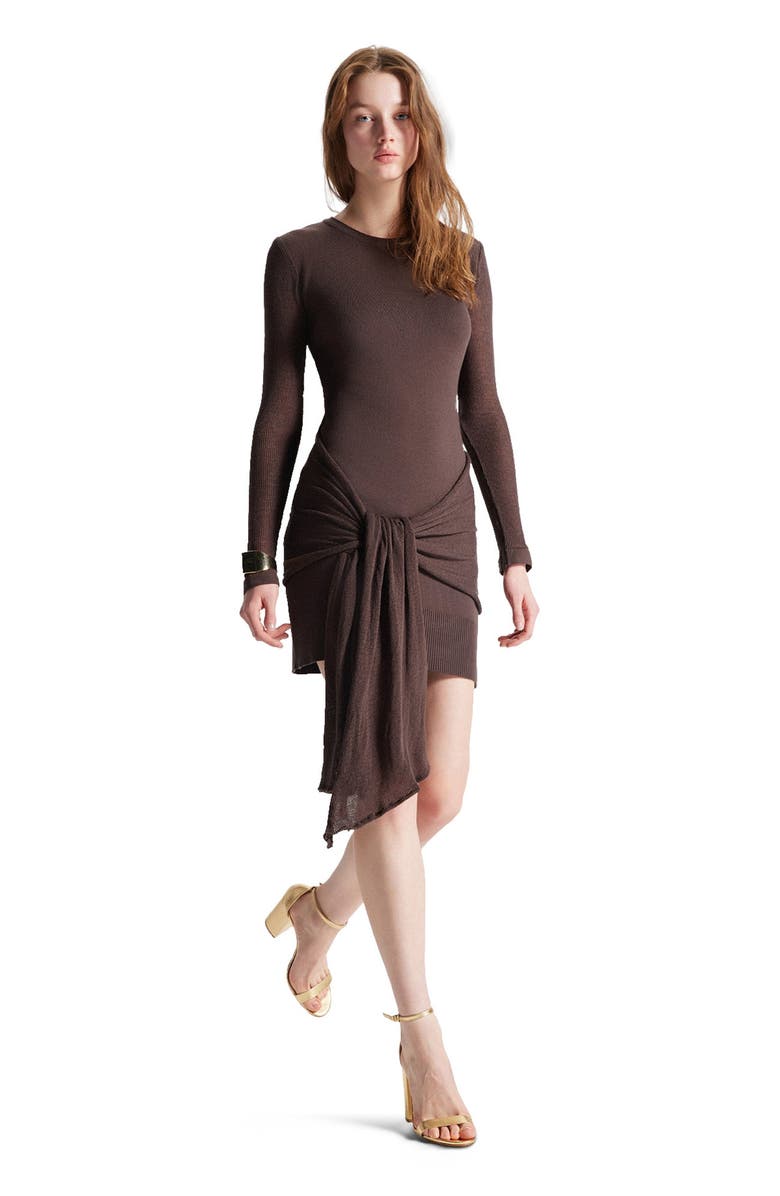 THEO The Label Nomia Sheer Sleeve Draped Front Dress, Main, color, Koffee Bean
