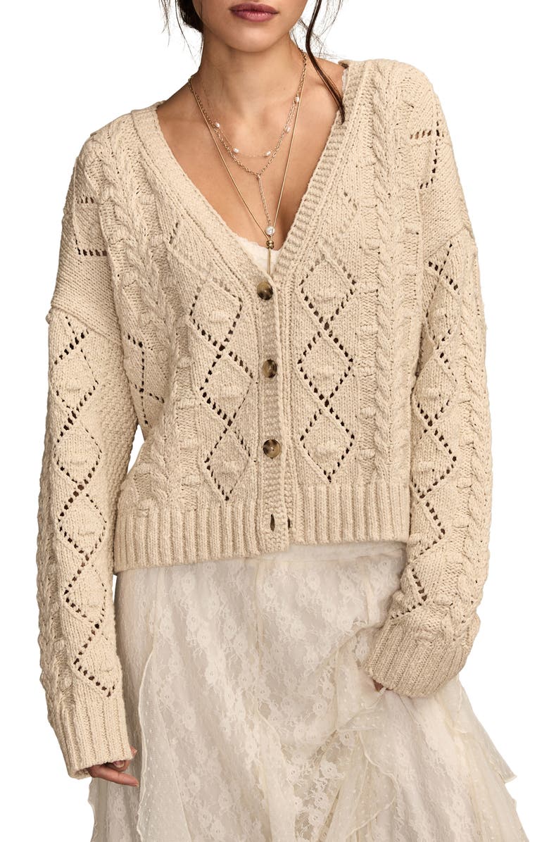 Lucky Brand Crop Cable Knit Cardigan, Main, color, Straw Heather