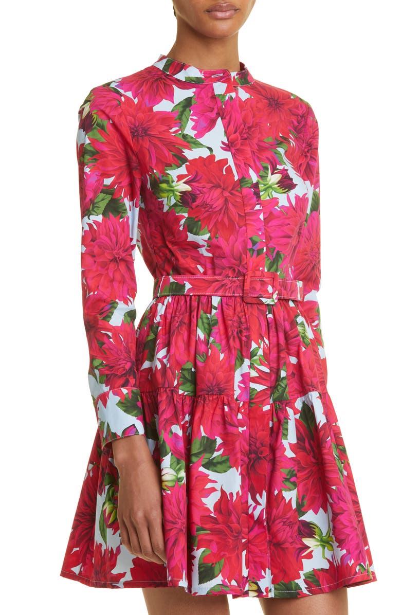Oscar de la Renta Dahlia Print Long Sleeve Stretch Poplin Shirtdress, Alternate, color, 