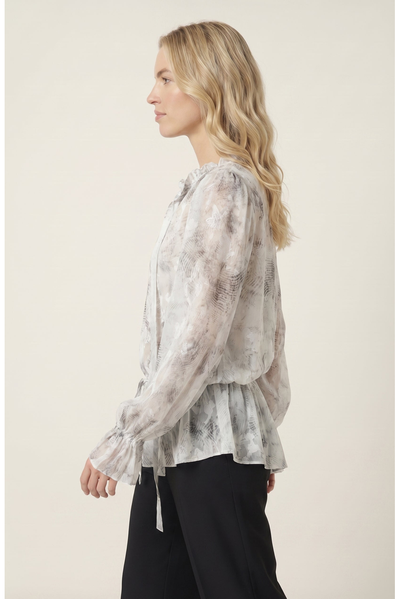 Sheer Printed Ruffle Neck Blouse, Alternate, color, White
