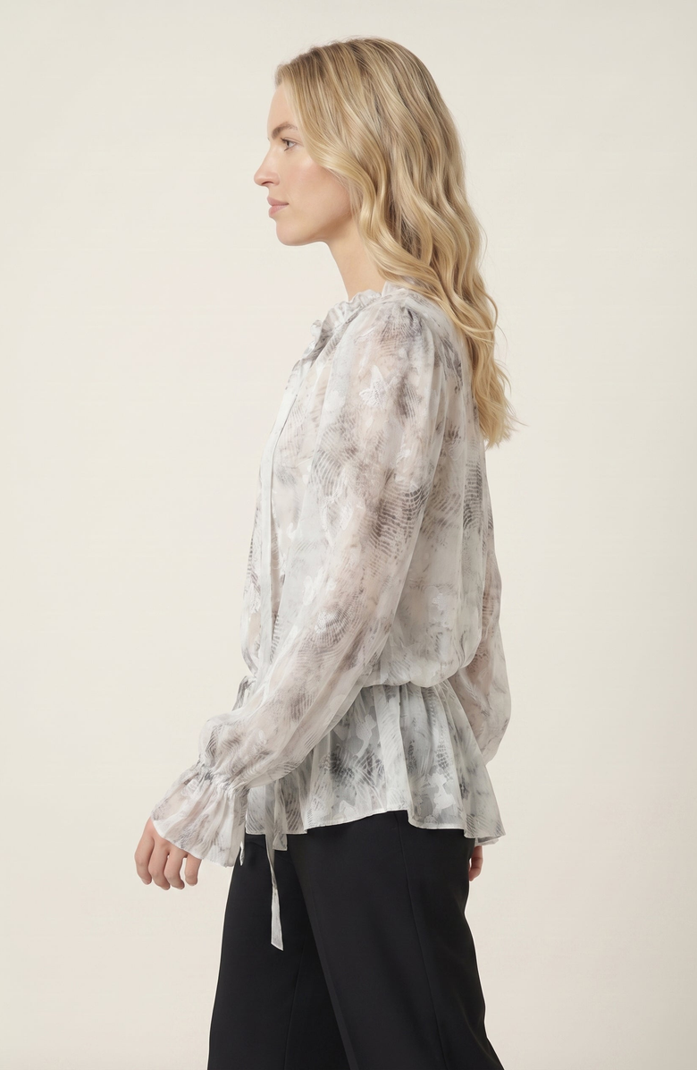 Modenaire Sheer Printed Ruffle Neck Blouse, Alternate, color, White