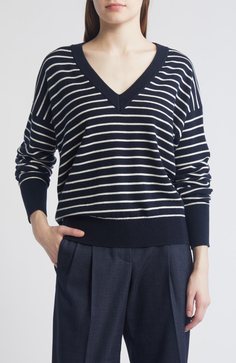 BOSS Stripe Wool & Cashmere V-Neck Sweater, Main, color, 