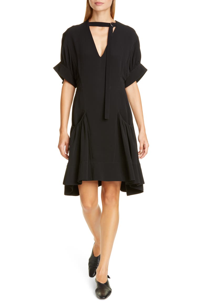 Buckle Strap Short Sleeve Crepe Dress, Main, color, BLACK