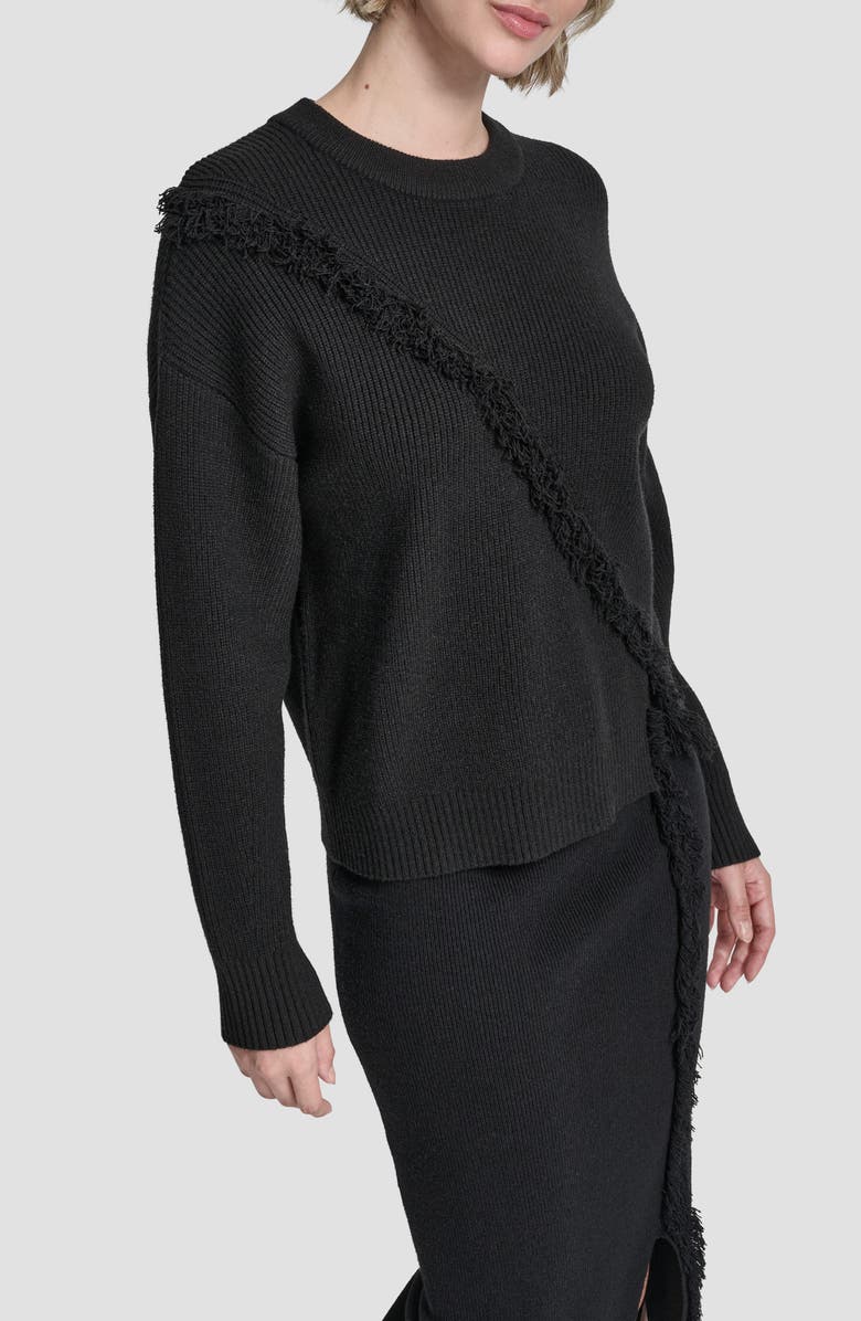DKNY Fringe Detail Rib Sweater, Alternate, color, Black