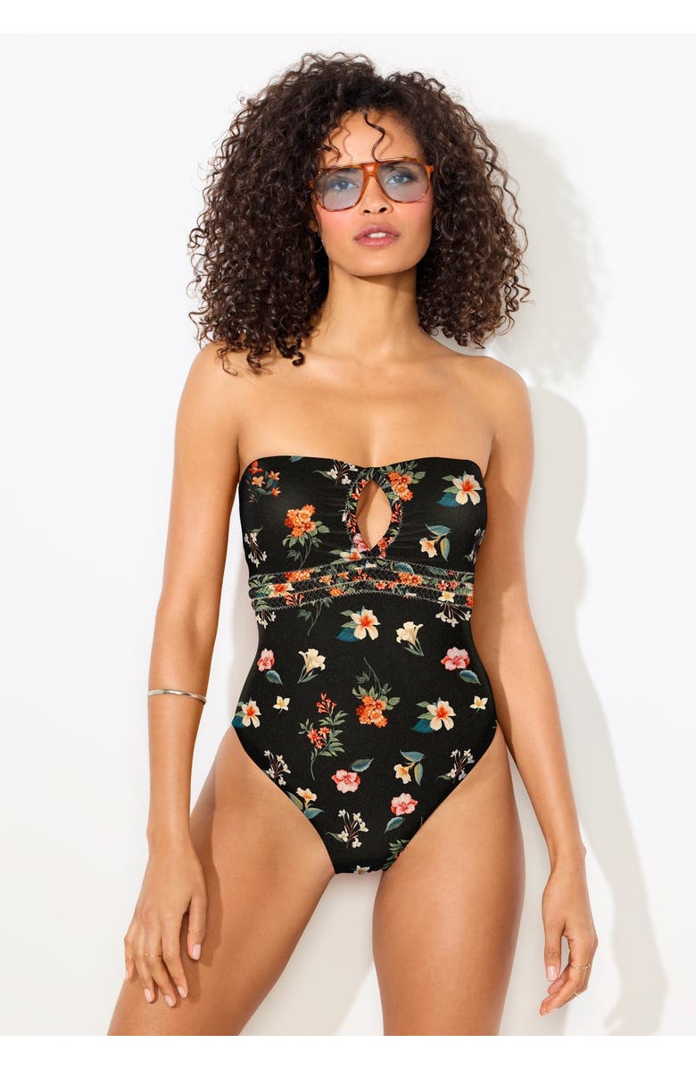 Swimsuits for All Braided Bandeau One Piece Swimsuit, Alternate, color, Black Ditsy Floral