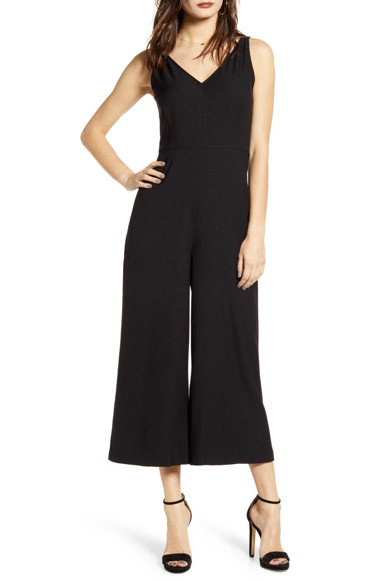 V-Neck Wide Leg Crop Jumpsuit, Main, color, BLACK