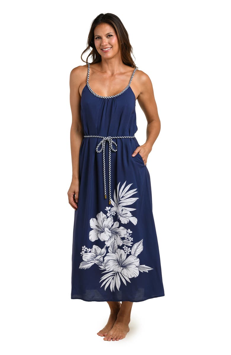 La Blanca Mariner Tie Waist Sleeveless Cover-Up Midi Dress, Alternate, color, Indigo