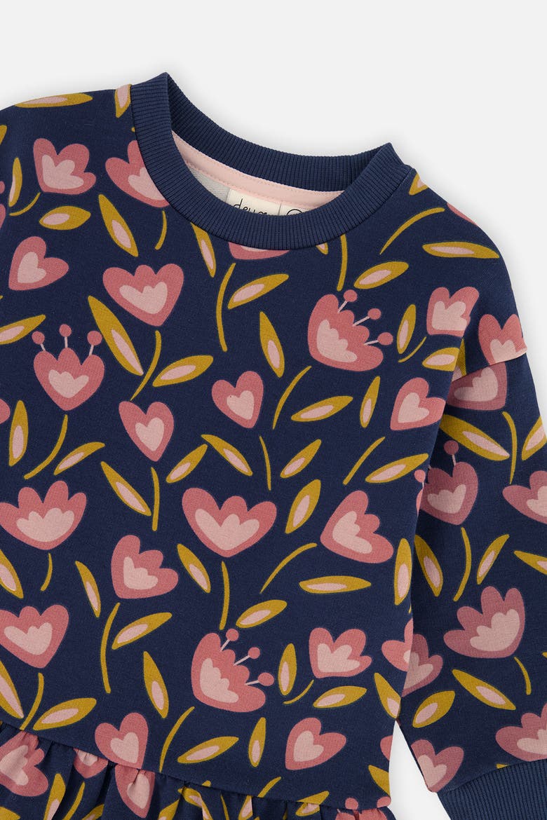 French Terry Raglan Sleeve Gathered Skirt Dress, Alternate, color, Blue Tulip Print