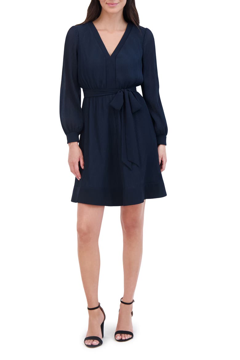 Long Sleeve Tie Belt A-Line Dress, Main, color, NAVY