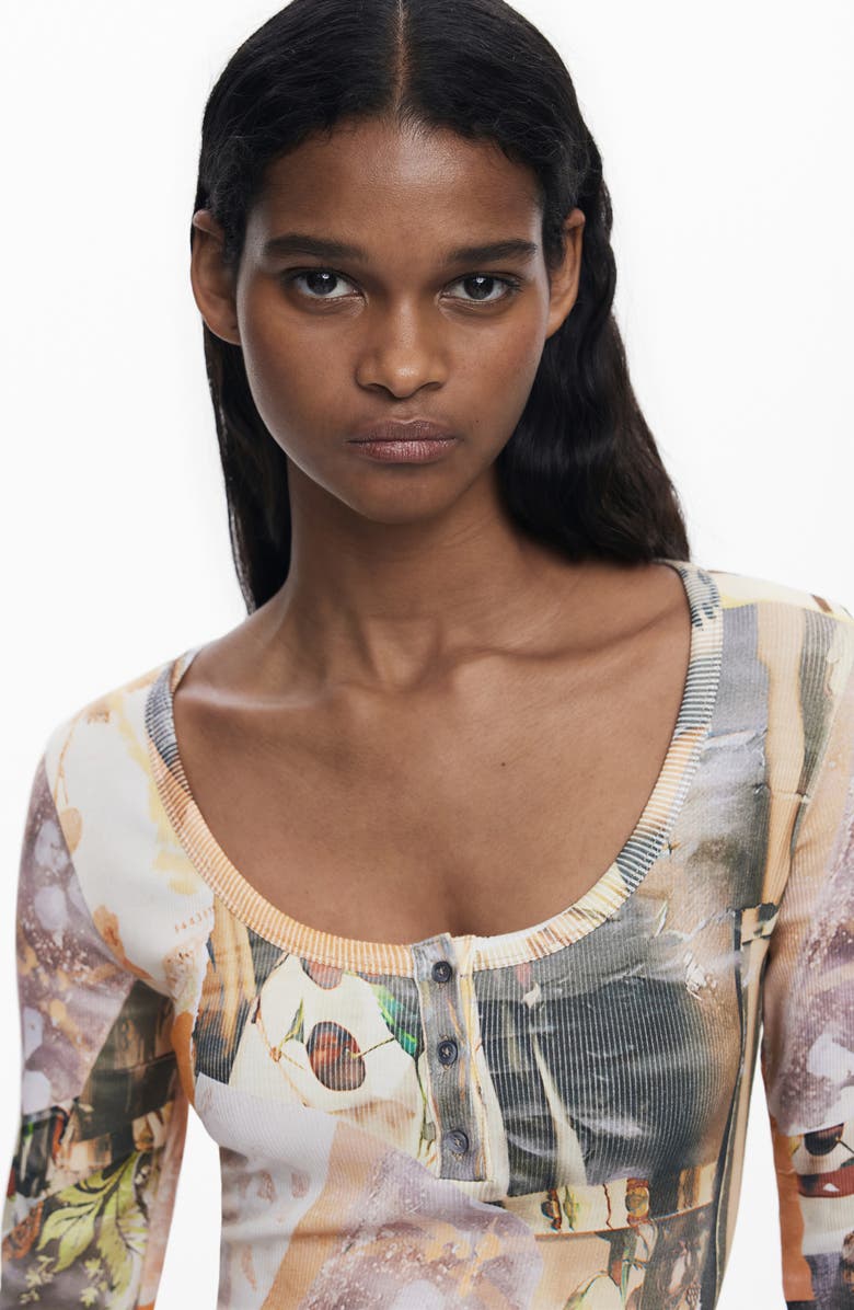 Desigual Printed Long Sleeve Stretch Cotton Rib Body-Con Minidress, Alternate, color, Neutral Gray