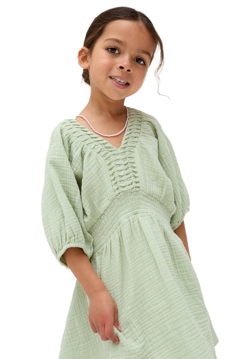 Raffya Kids Soipoi Ruched V-Neck Dress, Alternate, color, Green
