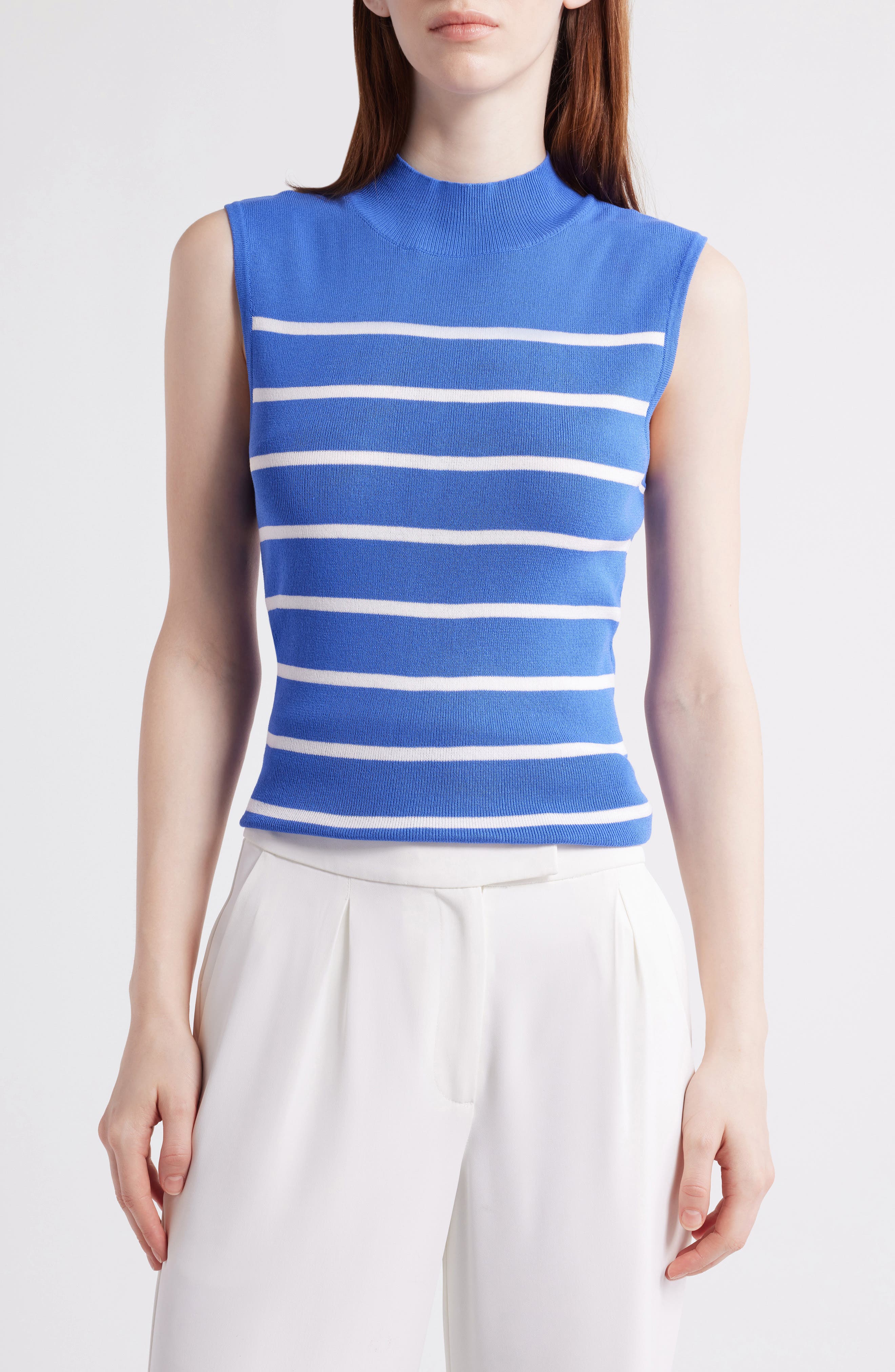 Tahari ASL Stripe Sleeveless Mock Neck Sweater in Pacific Blue Ivory 
