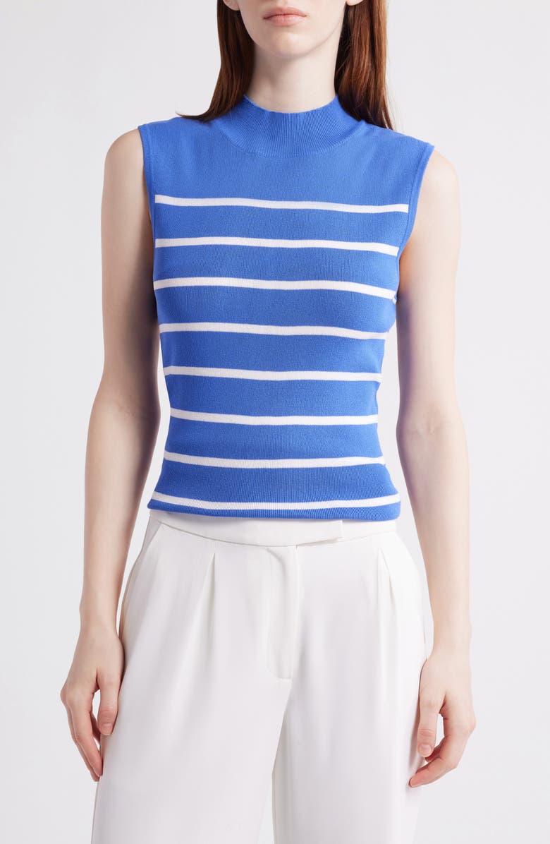 Tahari ASL Stripe Sleeveless Mock Neck Sweater, Main, color, Pacific Blue Ivory