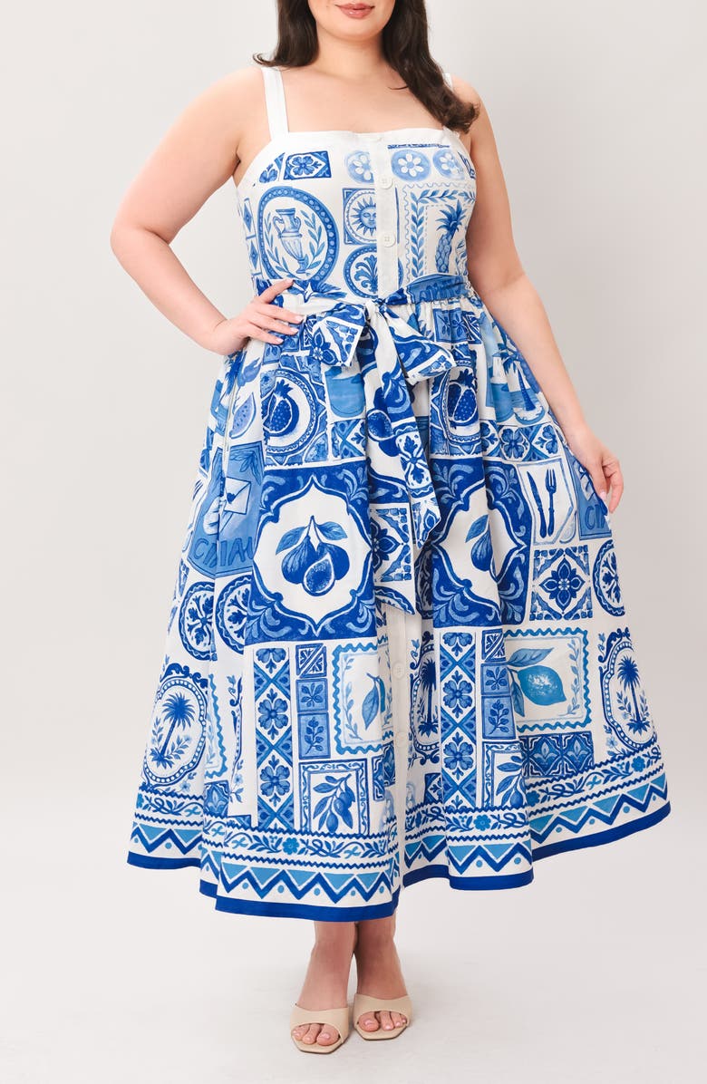 FLYING TOMATO Printed Fit & Flare Midi Dress, Main, color, Ivory Blue