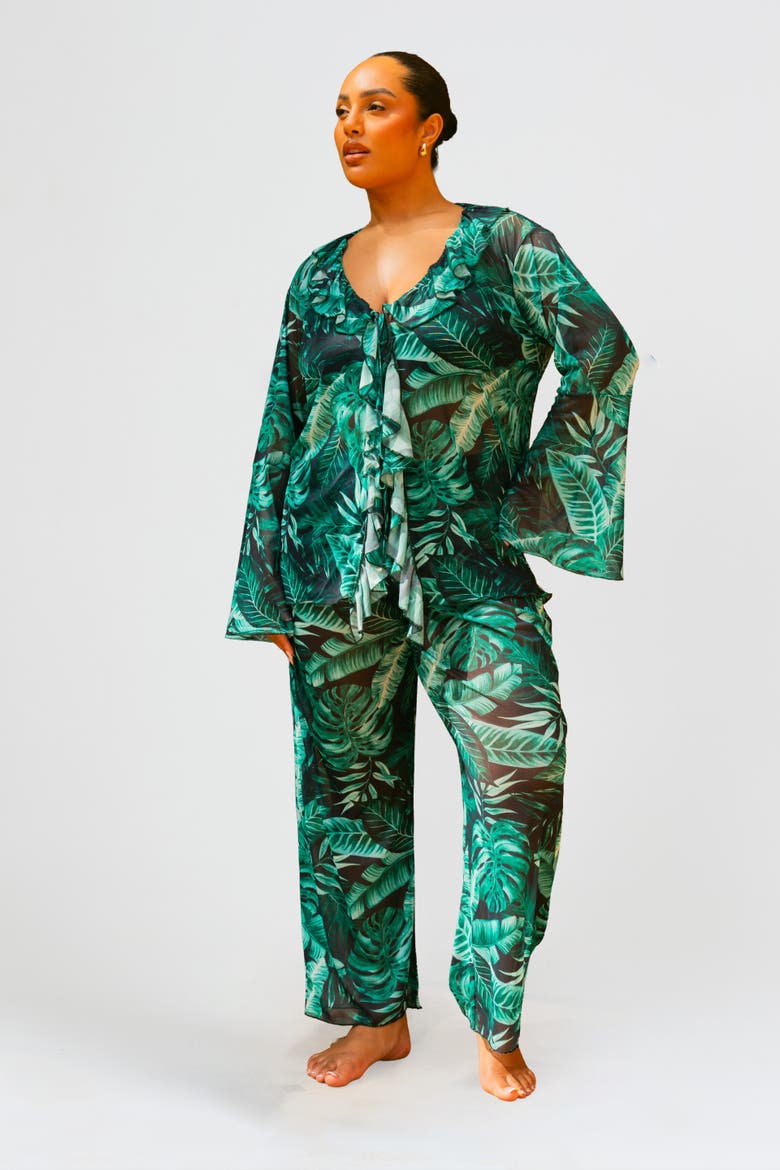 Curve Palm Print Ruffle Resort Top, Alternate, color, Green