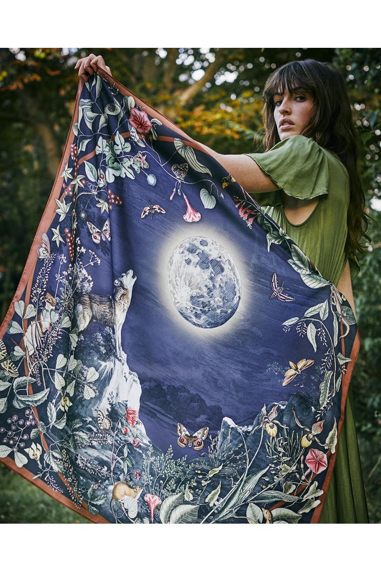Wolf Garden Narrative Square Scarf, Alternate, color, Navy