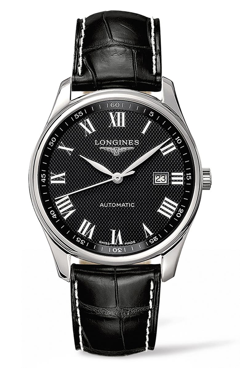 Longines Master Automatic Alligator Leather Strap Watch, 42mm, Main, color, 