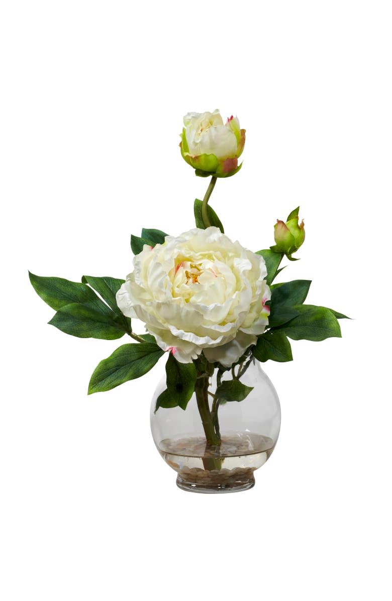 NEARLY NATURAL Peony with Fluted Vase Silk Flower Arrangement, Main, color, White
