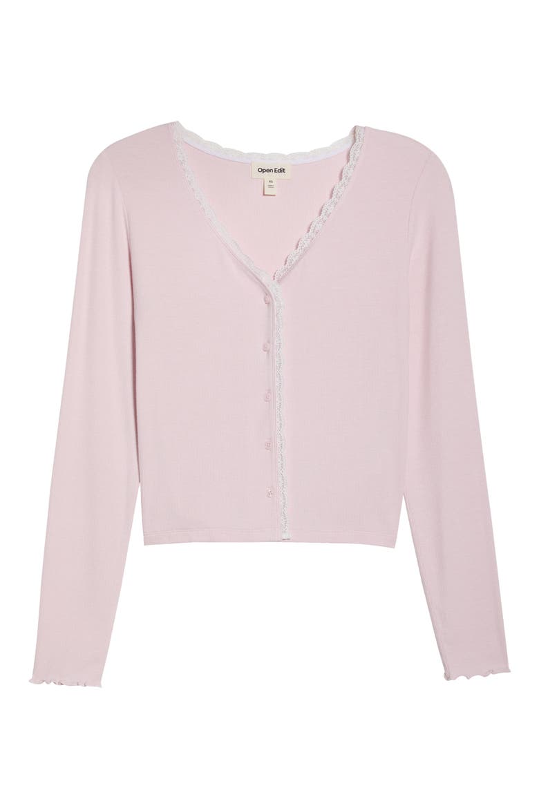 Daydream Lace Trim Rib Button-Up Lounge Top, Alternate, color, PINK CAKE