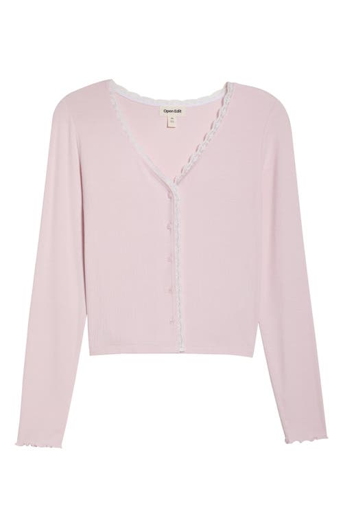 Open Edit Daydream Lace Trim Rib Button-up Lounge Top In Pink